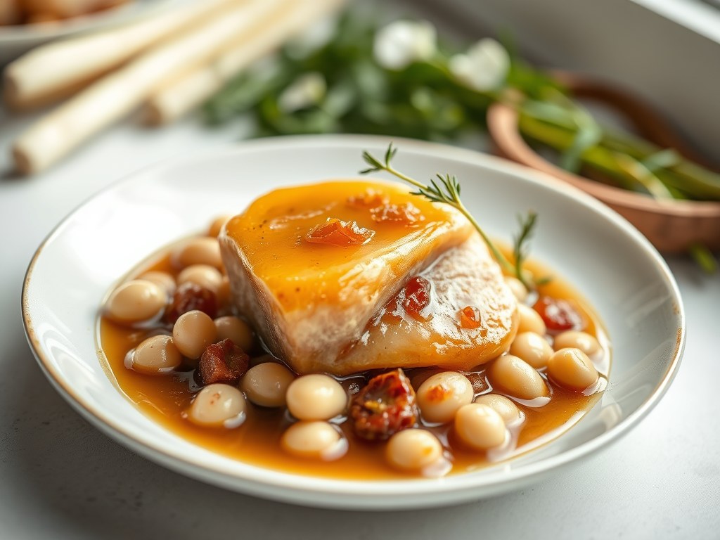 Confit van Tamme Eend met Witte Bonen en Uiencompote, AI-gegenereerde illustratie