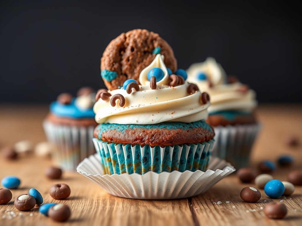 Cookie Monster cupcakes, AI-gegenereerde illustratie