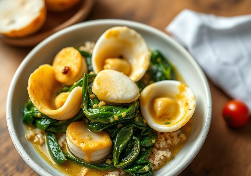 Coquilles en Spinazie met Currysaus, AI-gegenereerde illustratie