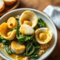 Coquilles en Spinazie met Currysaus
