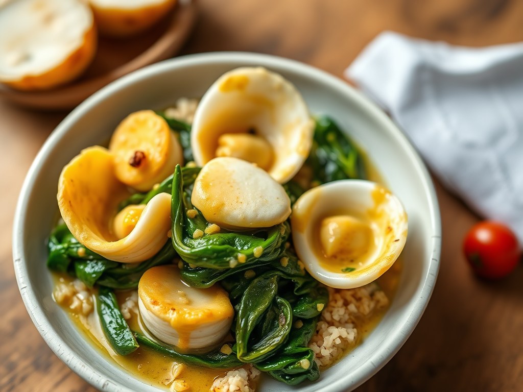 Coquilles en Spinazie met Currysaus, AI-gegenereerde illustratie