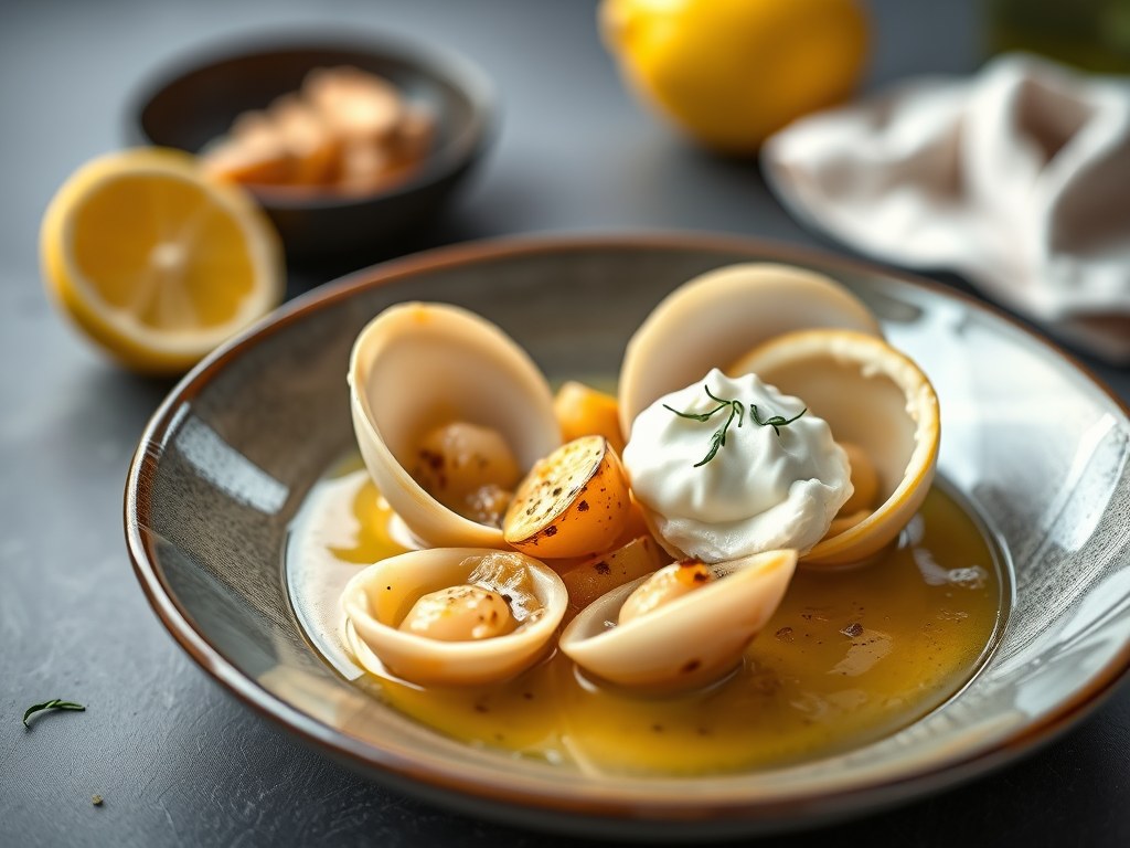 Coquilles in een Citroensaus, AI-gegenereerde illustratie