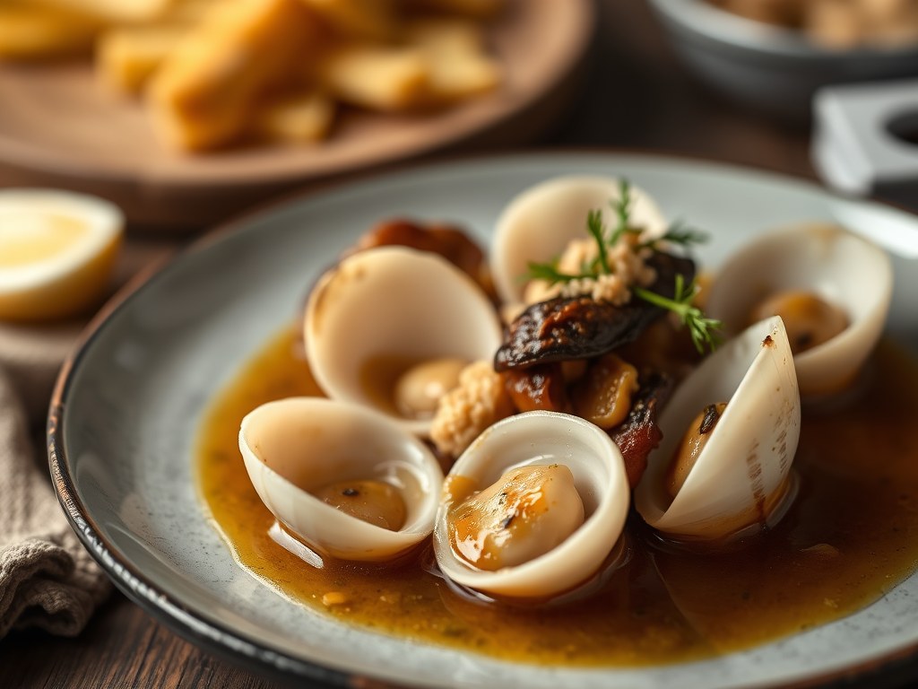 Coquilles Saint Jacques in Gecarameliseerde Bruine Botersaus, AI-gegenereerde illustratie