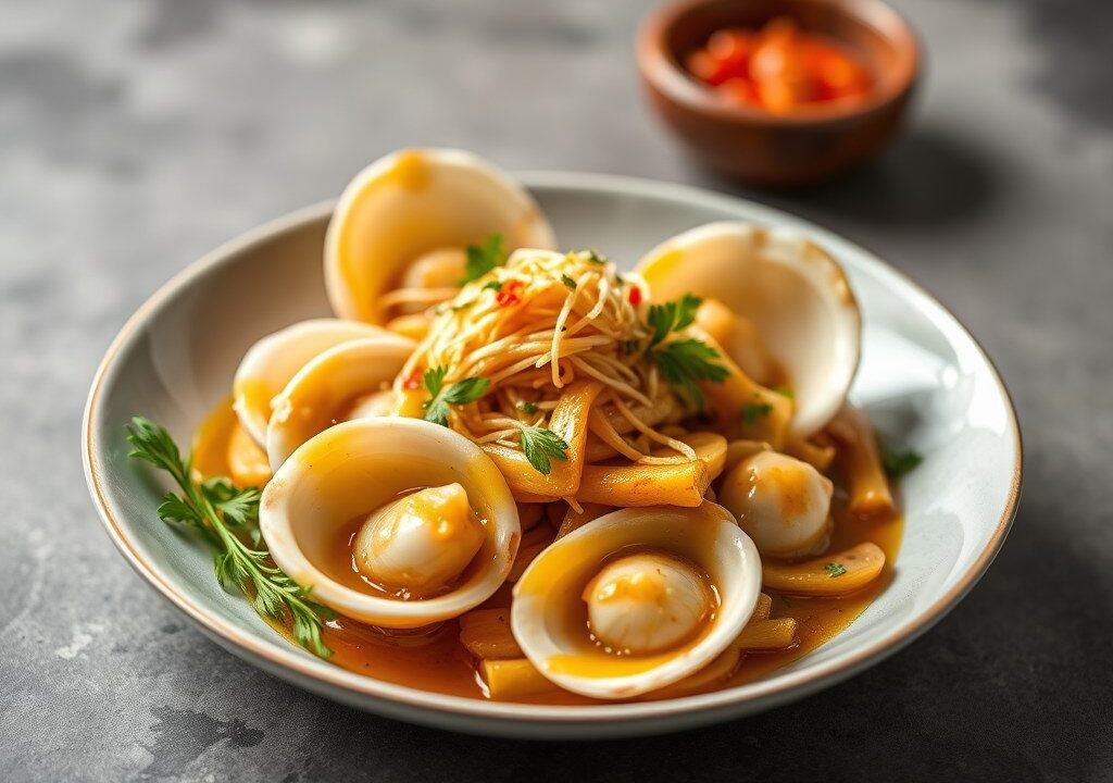 Coquilles St.Jacques met Lenteuien in Pikant Sausje — AI-gegenereerde illustratie
