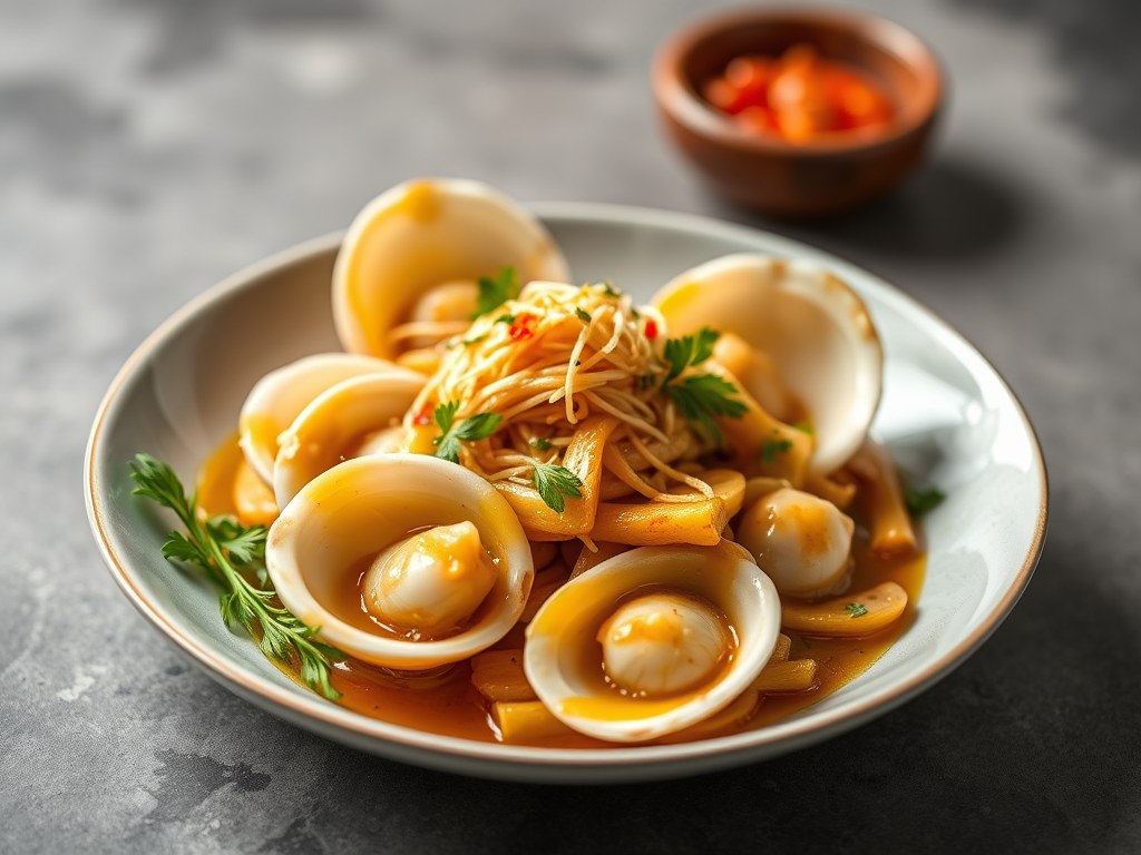 Coquilles St.Jacques met Lenteuien in Pikant Sausje, AI-gegenereerde illustratie