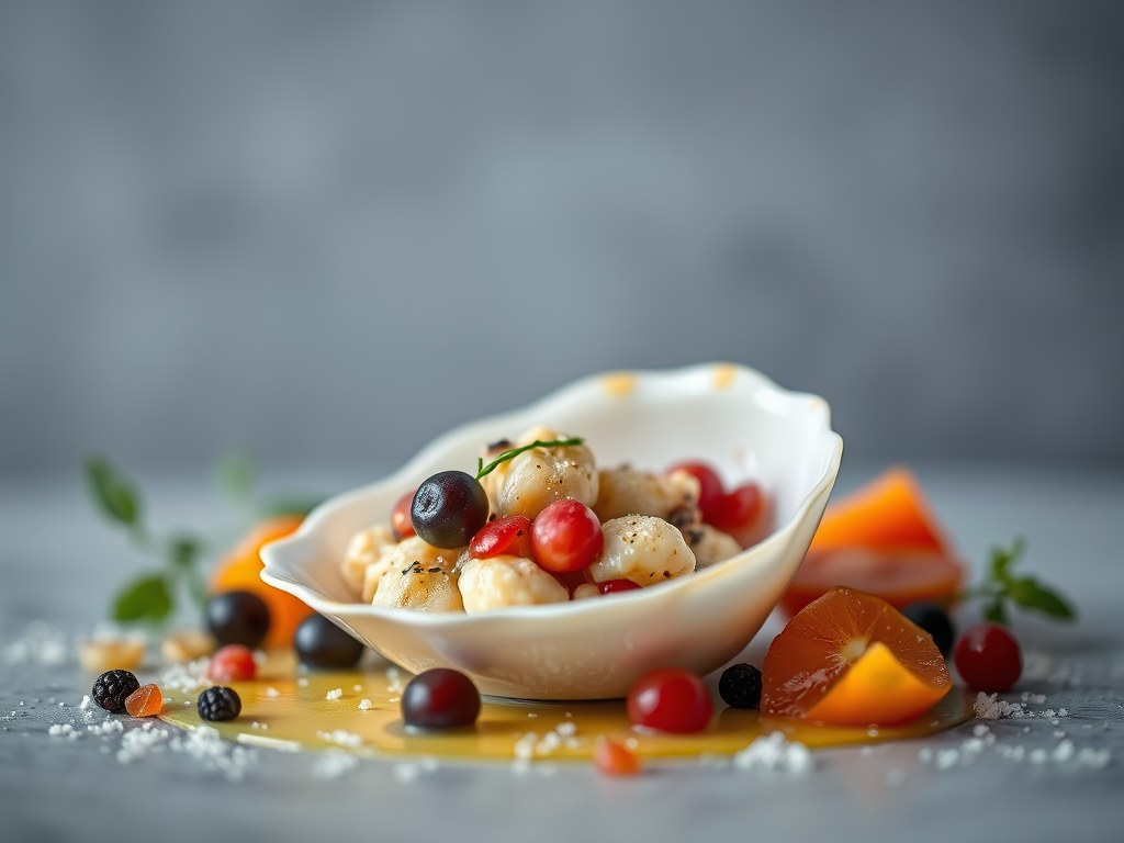 Coquilles St.Jacques met Vruchtenmix, AI-gegenereerde illustratie