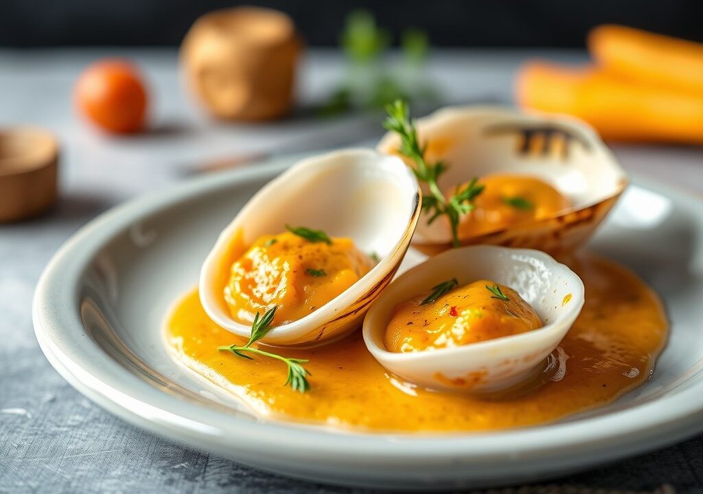 Coquilles St.Jacques met wortelroom, AI-gegenereerde illustratie