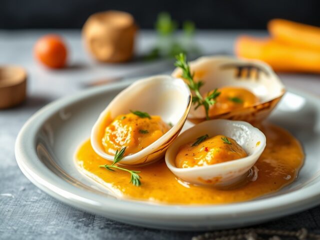 Coquilles St.Jacques met wortelroom — AI-gegenereerde illustratie