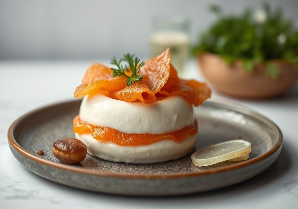 Coupe met aspergemousse en gerookte zalm: opm — AI-gegenereerde illustratie