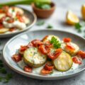 Courgette, gevuld met aardappelcrème met spek en peterselie