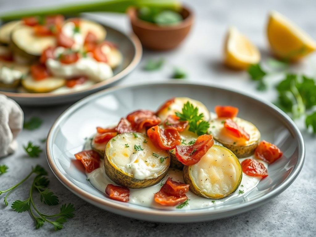Courgette, gevuld met aardappelcrème met spek en peterselie, AI-gegenereerde illustratie