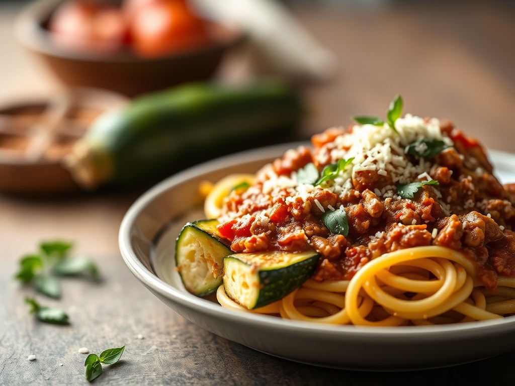 Courgette, gevuld met zelfgemaakte bolognese saus, AI-gegenereerde illustratie