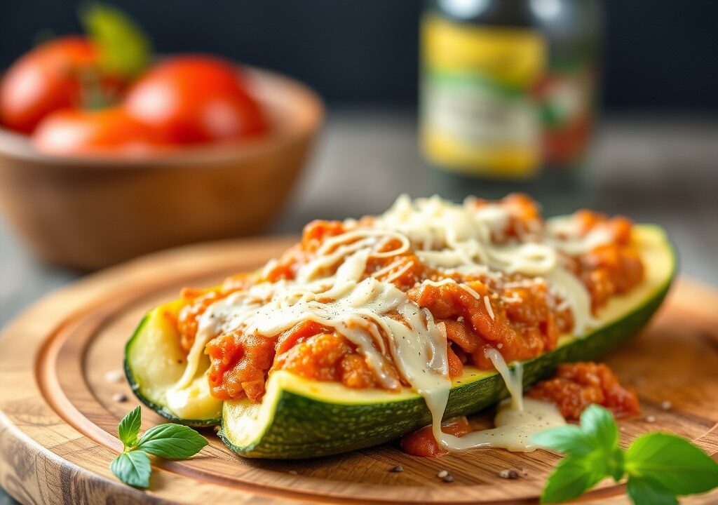Courgette, gevuld met zelfgemaakte bolognese saus test — AI-gegenereerde illustratie