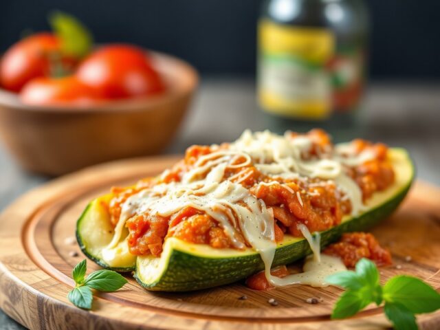 Courgette, gevuld met zelfgemaakte bolognese saus test — AI-gegenereerde illustratie