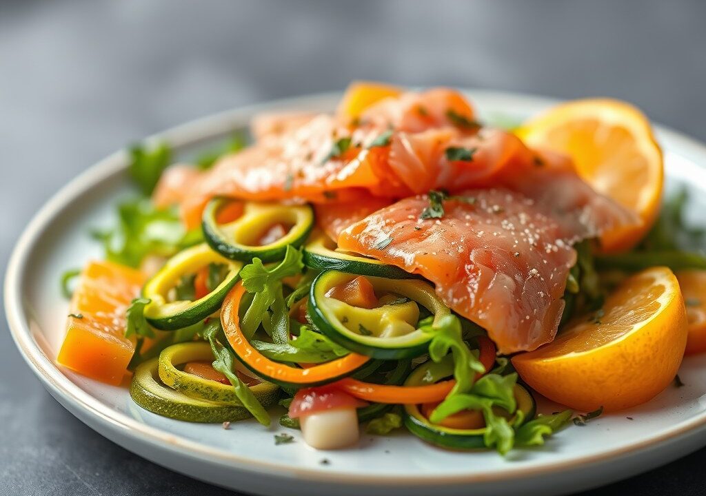 Courgettesalade met gerookte zalm, AI-gegenereerde illustratie