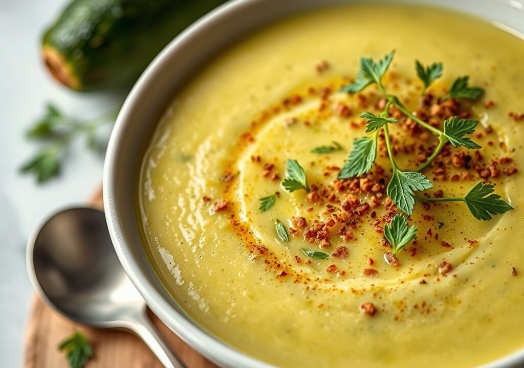 Courgettesoep met kruidenkaas, AI-gegenereerde illustratie