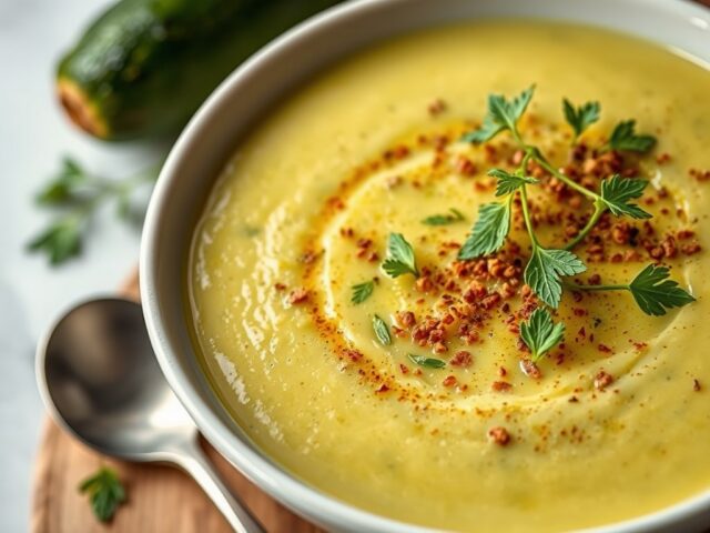 Courgettesoep met kruidenkaas — AI-gegenereerde illustratie