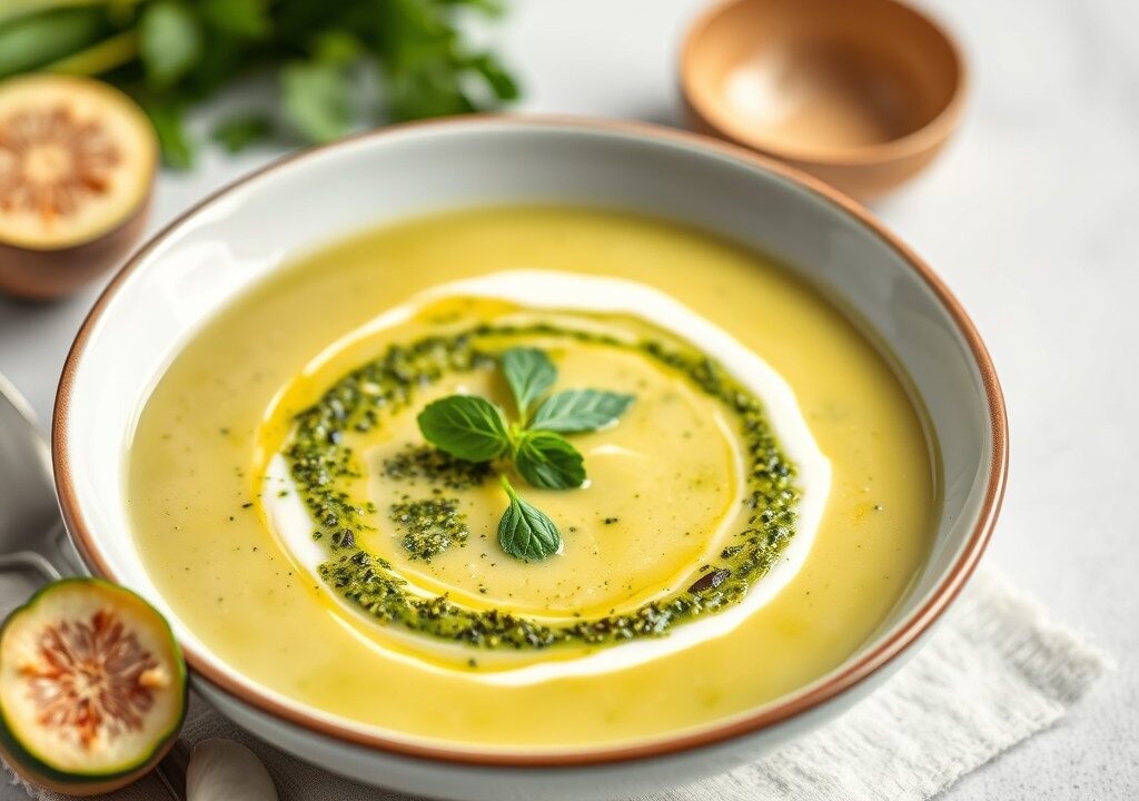 Courgettesoep met pesto, AI-gegenereerde illustratie
