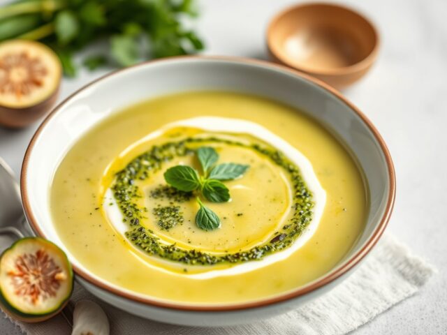 Courgettesoep met pesto — AI-gegenereerde illustratie