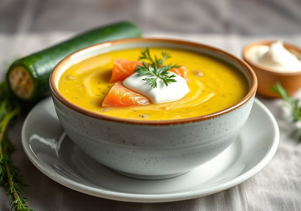 Courgettesoep met rode zalm, AI-gegenereerde illustratie