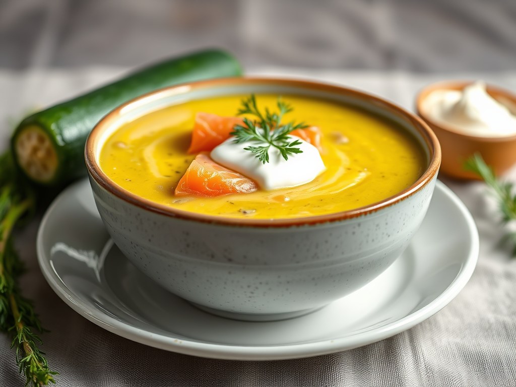 Courgettesoep met rode zalm, AI-gegenereerde illustratie