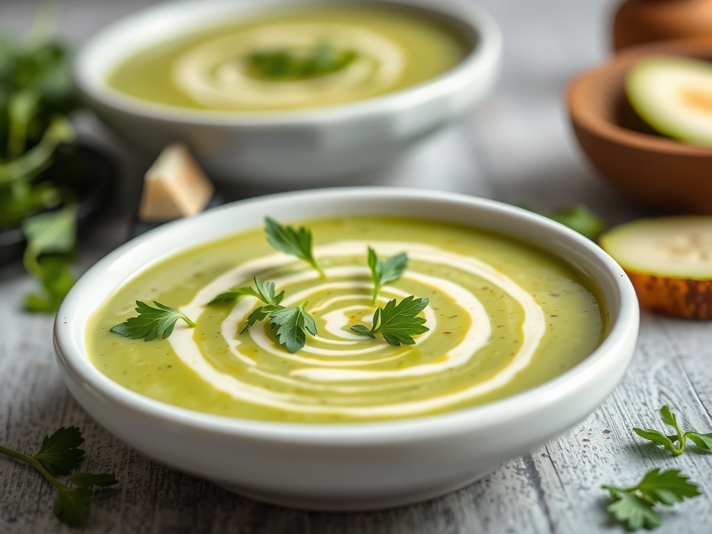 Courgettesoep met rucola, AI-gegenereerde illustratie