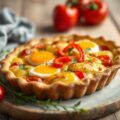 Courgettetaartje met aardappel en rode paprika — AI-gegenereerde illustratie