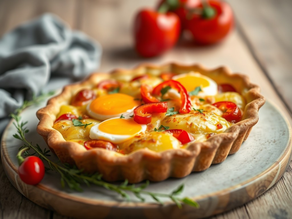 Courgettetaartje met aardappel en rode paprika, AI-gegenereerde illustratie