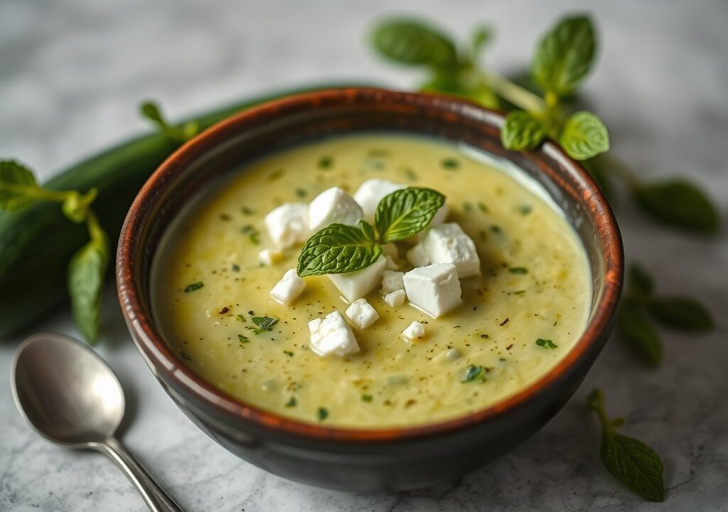 Courgettevelouté met munt en feta, AI-gegenereerde illustratie