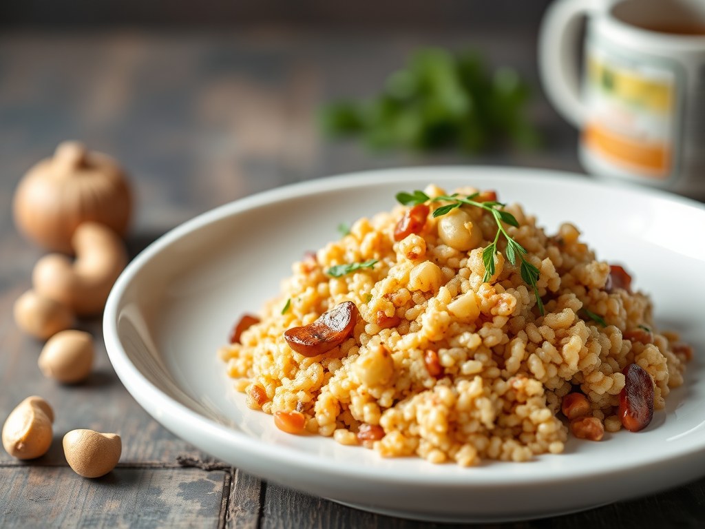 Couscous met bleekselderij en cashewnoten, AI-gegenereerde illustratie