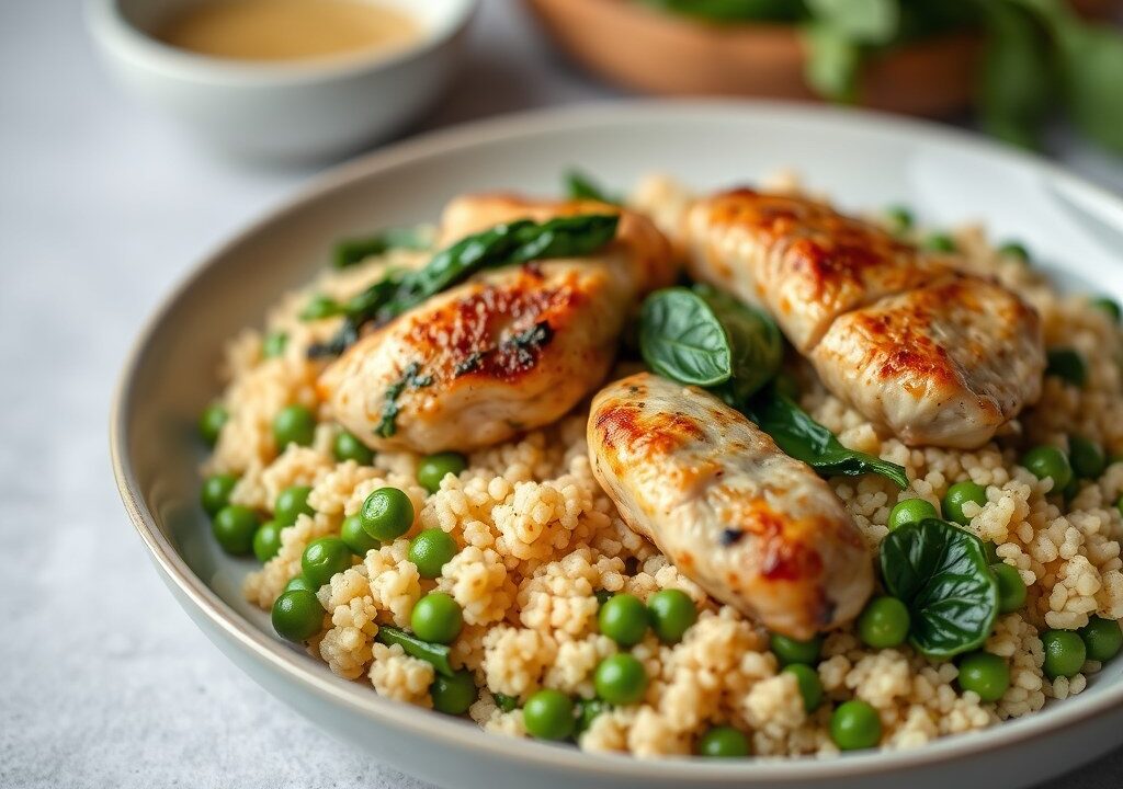 Couscous met kip, spinazie en erwtjes, AI-gegenereerde illustratie