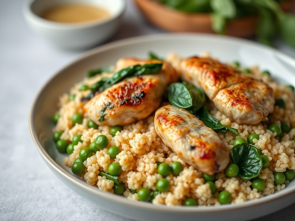 Couscous met kip, spinazie en erwtjes, AI-gegenereerde illustratie