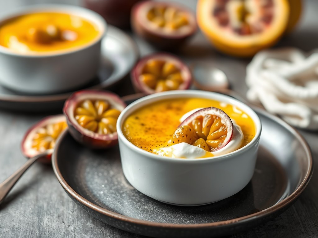 Crême Brulée met passievruchten, AI-gegenereerde illustratie