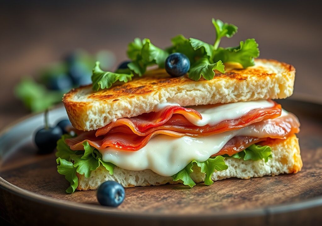 Croque-monsieur met abdijkaas, spekjes en blauwe druiven, AI-gegenereerde illustratie