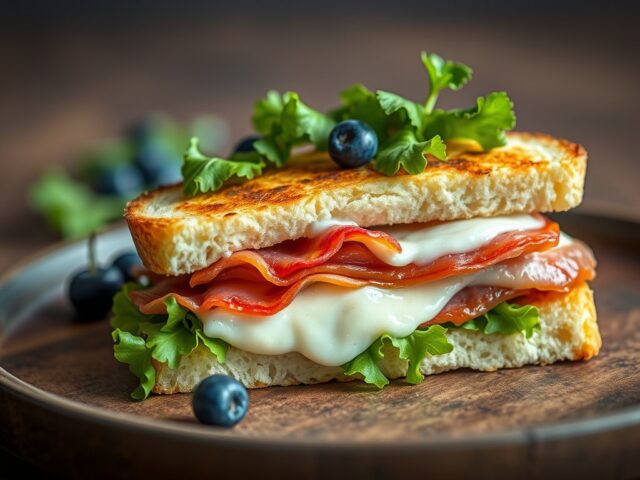 Croque-monsieur met abdijkaas, spekjes en blauwe druiven — AI-gegenereerde illustratie