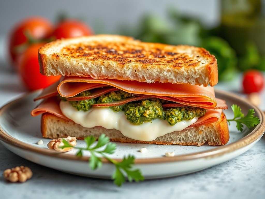 Croque-monsieur met brie, Breydel-ham en notenpesto, AI-gegenereerde illustratie
