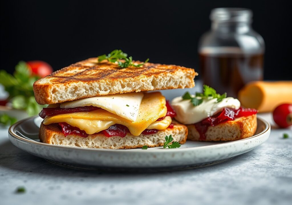 Croque-monsieur met camembert en truffelolie, herfstsalade, AI-gegenereerde illustratie