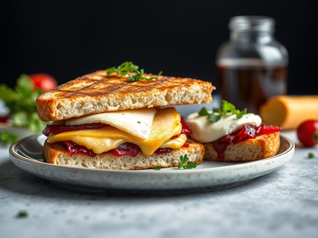 Croque-monsieur met camembert en truffelolie, herfstsalade, AI-gegenereerde illustratie