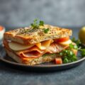 Croque monsieur met Meesterlyck-ham en Damse Mokke, salade met druiven en rozijnen
