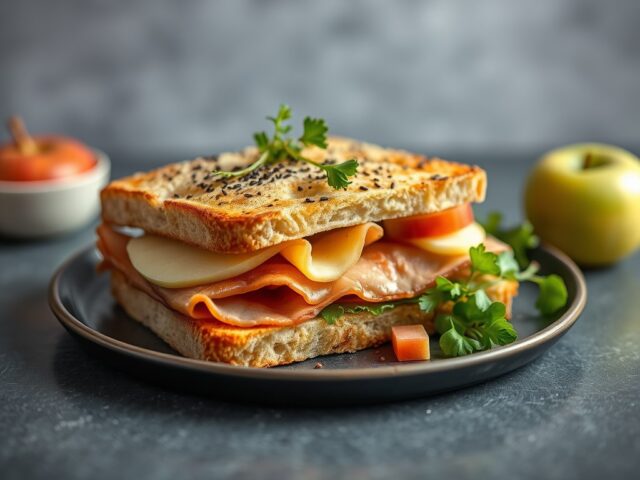 Croque monsieur met Meesterlyck-ham en Damse Mokke, salade met druiven en rozijnen — AI-gegenereerde illustratie