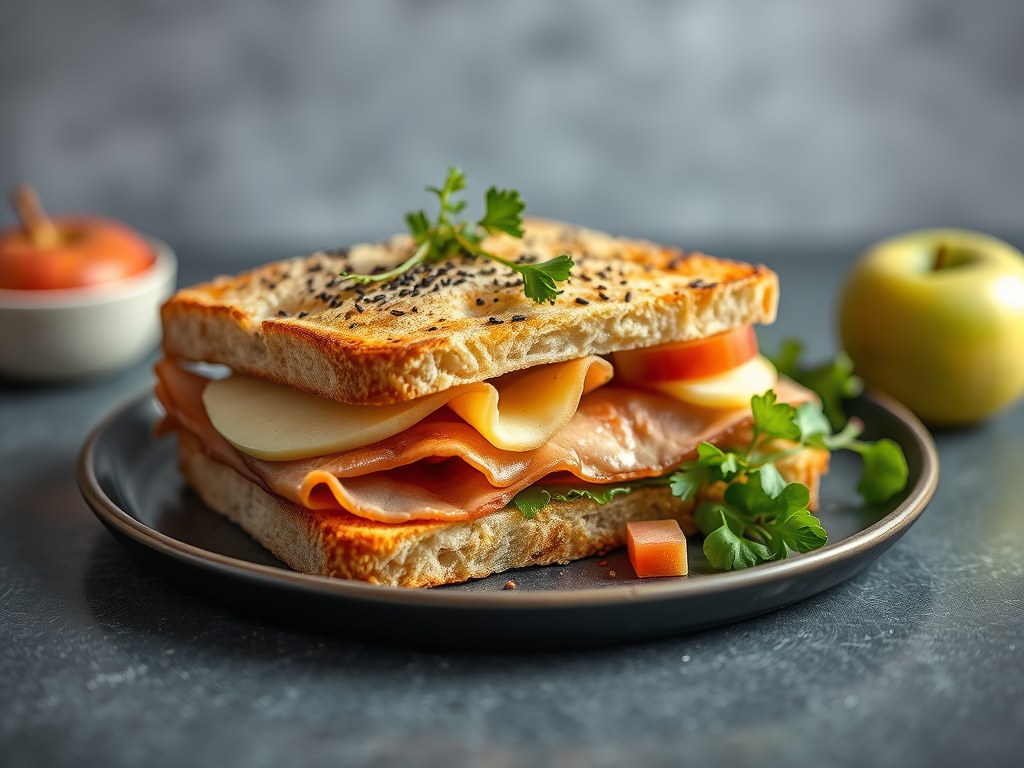 Croque monsieur met Meesterlyck-ham en Damse Mokke, salade met druiven en rozijnen, AI-gegenereerde illustratie
