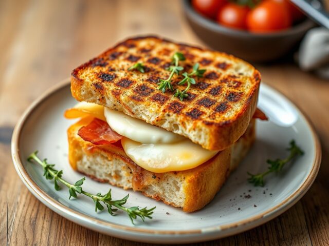 Croque monsieur van notenciabatta, spek & geitenkaas — AI-gegenereerde illustratie