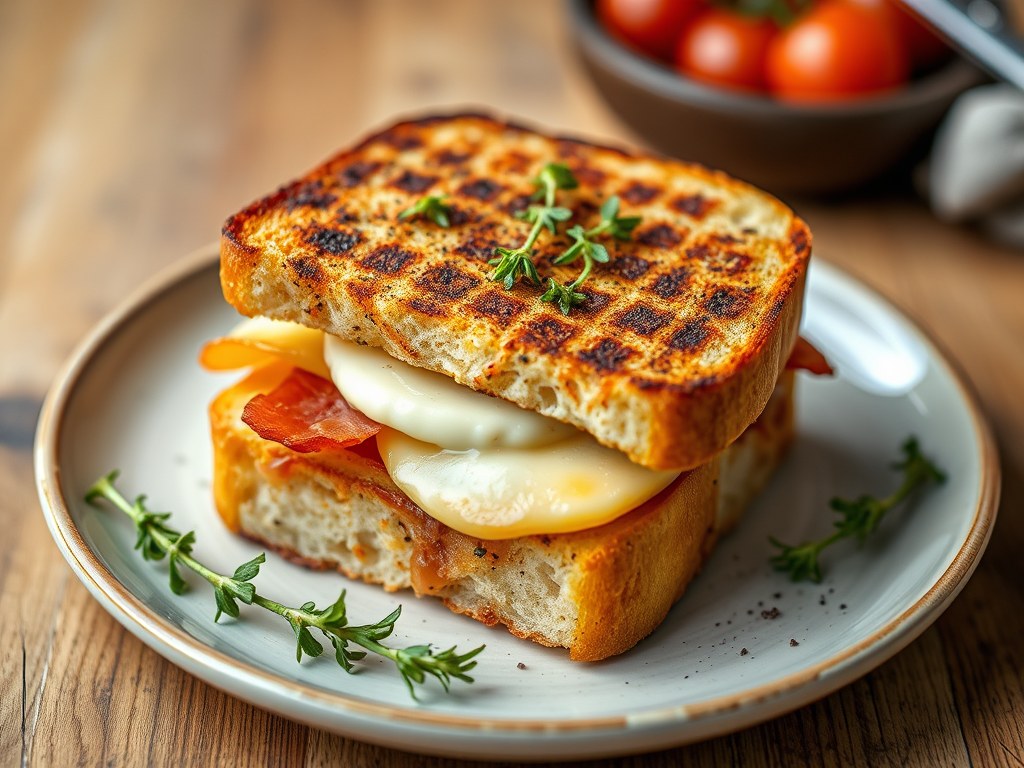 Croque monsieur van notenciabatta, spek & geitenkaas, AI-gegenereerde illustratie