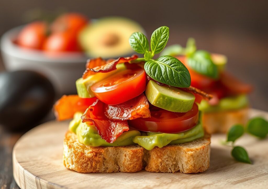 Croques met avocado en krokant spek, tomatensalade, AI-gegenereerde illustratie