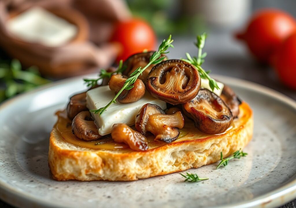 Crostone met reuzenchampignon en Hollandse geitenkaas, AI-gegenereerde illustratie