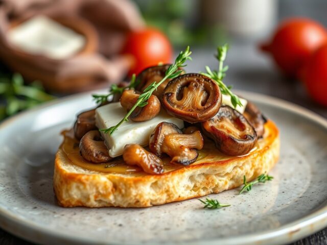 Crostone met reuzenchampignon en Hollandse geitenkaas — AI-gegenereerde illustratie