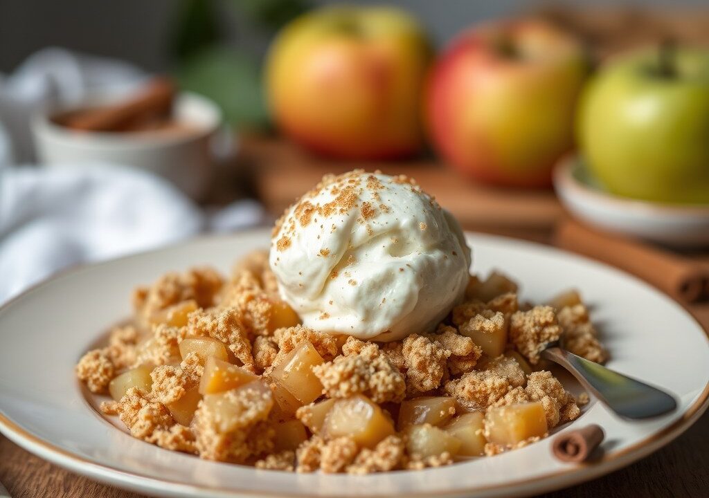 Crumble met peer, appel en kaneel, AI-gegenereerde illustratie
