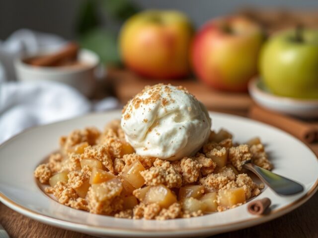 Crumble met peer, appel en kaneel — AI-gegenereerde illustratie