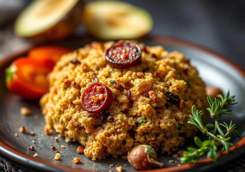 Crumble van zeewolf met chorizo — AI-gegenereerde illustratie
