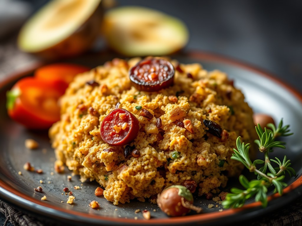 Crumble van zeewolf met chorizo, AI-gegenereerde illustratie